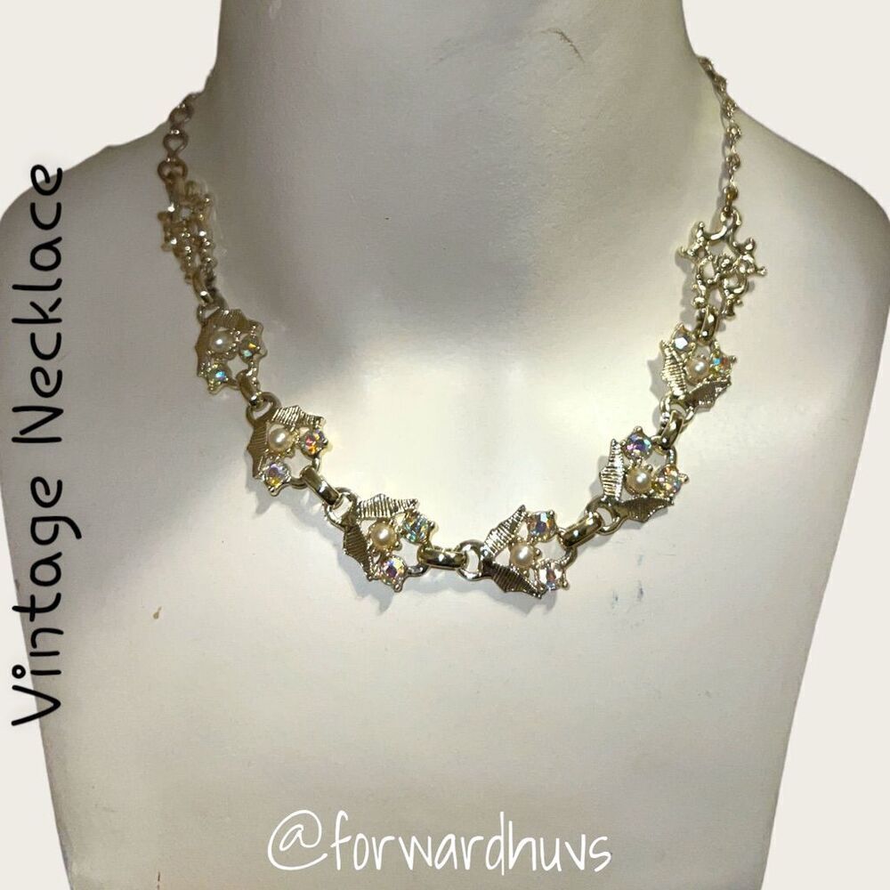 Vintage Silver Tone Necklace with Aurora Borealis and Faux Pearl Accents